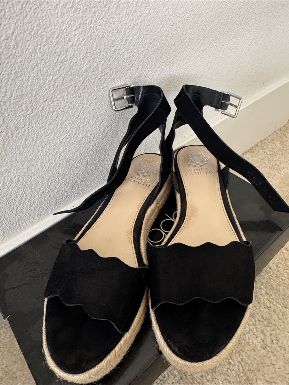 Vince Camuto Black Scalloped Suede Espadrille Sandals